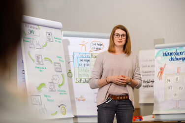 Foto einer Frau, die vor mehreren Flipcharts mit bunten Zeichnungen und Beschriftungen steht und etwas erzählt.__Photo of a woman standing in front of several flipcharts with colorful drawings and labels and telling something.