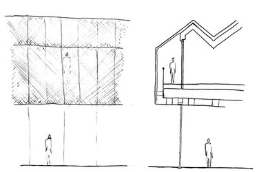 Architektonische Skizze zeigt links die Fassadenansicht mit großen Glasflächen und rechts einen Gebäudeschnitt mit einer Person im Innenraum unter einem Sägezahndach. Beide Zeichnungen verdeutlichen Maßstab und Raumwirkung des Gebäudes.