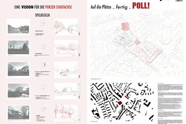 Architekturplan mit Lageplan und Schwarzplan auf der rechten Seite, sowie ersten angefertigten Skizzen auf der linken Seite.