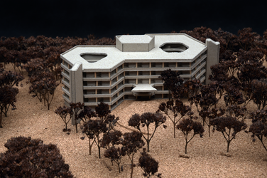 Das Modellgebäude mit seiner markanten, polygonalen Form steht frei in einer Baumlandschaft. Die Öffnungen im Dach und die klaren Fassadenlinien sind gut erkennbar.