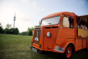 Der Citroën HY steht im Westfalenpark auf einer Wiese. Im Hintergrund ist der Dortmunder Fernsehturm Florian zu sehen.