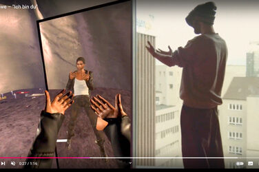 Screenshot of a YouTube video: On the left a digital scene, a black person looking at their hands in front of a mirror, on the right a real scene with a person wearing VR glasses and also looking at their hands.