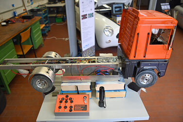 The electronics are shown on a model of a truck.