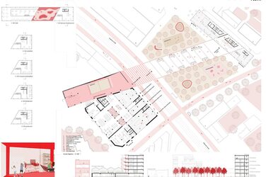 Architekturplan mit großemLageplan und, Grundrissen und Schnittzeichnungen.