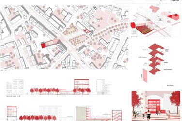 Architectural plan with site plan and views, a visualization of the design, as well as the outlined usage concept.