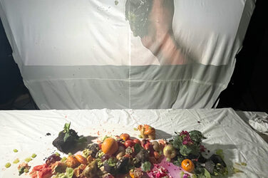 Auf einem Tisch liegen zerdrückte Früchte, die Projektion dahinter zeigt, wie eine Hand eine Frucht zerquetscht.