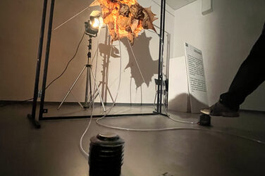 In einem schwarzen Metallrahmen ist ein hautfarbenes Material gespannt wie ein zum Trocknen bereitetes Tierleder. Auf dem Boden führen von zwei Fußschaltern mit dem Hinweis "Stress me" Schläuche zu dem gespannten Material.