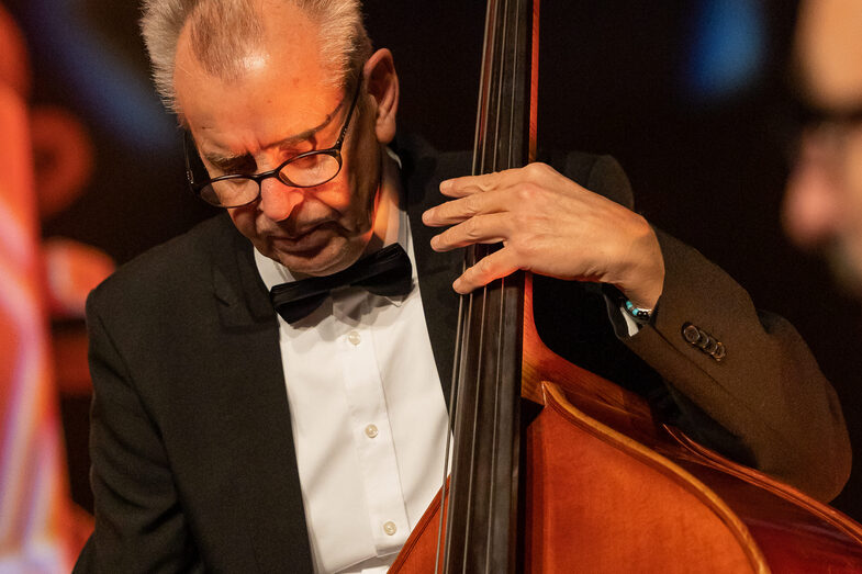 Foto einer männlichen Person, die einen Bass spielt.