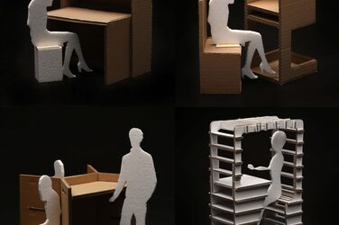 Collage shows four student models of room-forming desks made of cardboard against a black background.