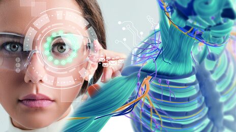 On the left is a woman wearing glasses with a button on the side, which she presses. There are circles and shapes around her left eye and other symbols to her left. On the right is a 3D illustration of a person without a layer of skin, showing bones, muscles and nerves.