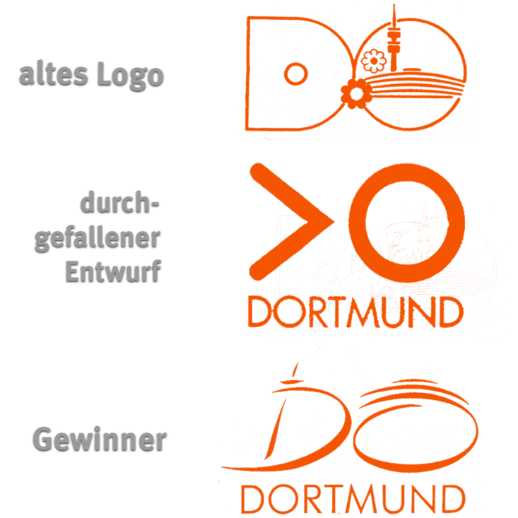 Die Übersicht zeigt verschiedene Logos der Stadt Dortmund. Alle wurden orange eingefärbt. Sie setzen sich aus den Buchstaben D und O zusammen und sind mal geschwungen, mal sehr eckig dargestellt.