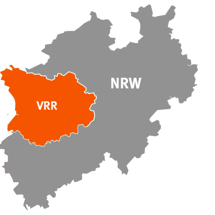 Der Umriss von NRW, indem der Bereich des Verkehrsverbund Rhein-Ruhr (VRR) orange hervorgehoben ist.