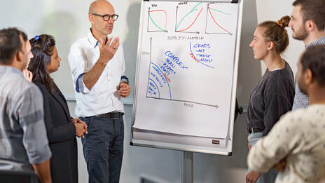 Lecturer stands at the flipchart and explains something to the students standing around him.