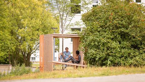 Photo of 2 students sitting and talking in a wooden cube equipped with seating. A tree is planted in the center of the cube.