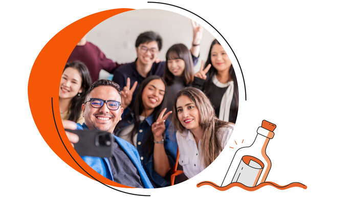 A group of alumni pose together for a selfie; next to them is a stylized depiction of a message in a bottle.