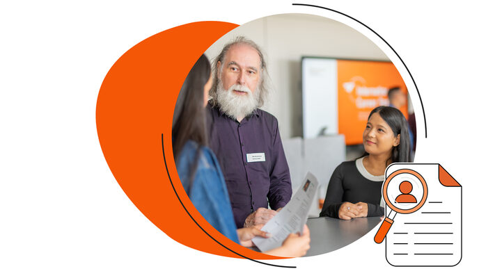 A man is talking to two female applicants. A woman is holding a CV; next to her is a stylized magnifying glass over a CV document.