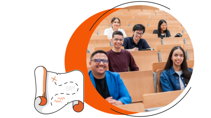 A group of smiling prospective students sit in a university lecture hall; next to them is a stylized depiction of a treasure map.
