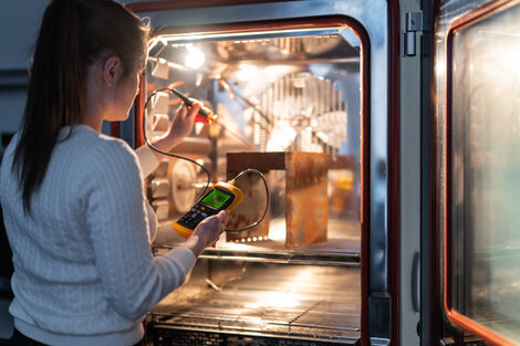 Eine Person in einem Labor legt ein metallisches Bauteil in einen Prüfschrank. Der Schrank ist mit einer Glastür und einer Beleuchtung ausgestattet und enthält mehrere Metallgitterebenen.