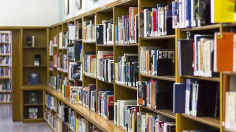 Photo of rows of bookshelves in the library__Photo of library book shelves