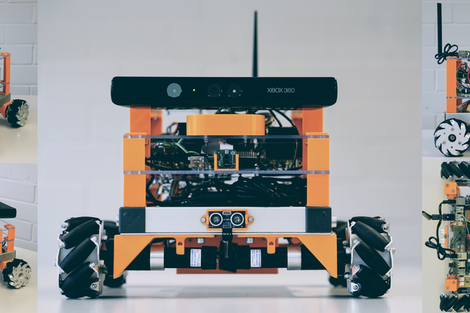 Demonstrator for mobile robots. Assembly with circuit boards, electronic devices and 4 wheels.