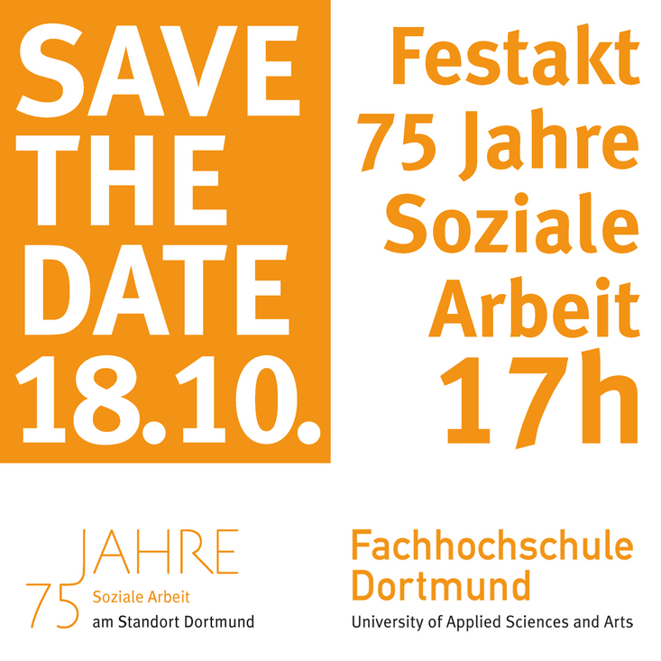 Text graphic as "Save the Date" announcement for the "75 Years of Social Work" anniversary ceremony on 18.10.2023 at 5 pm