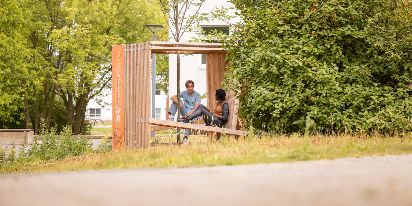 Foto von 2 Studierenden, die in einem Holzwürfel, der mit Sitzgelegenheiten ausgestattet ist, sitzen und sich unterhalten. In der Mitte des Würfels, ist ein Baumgepflanzt.