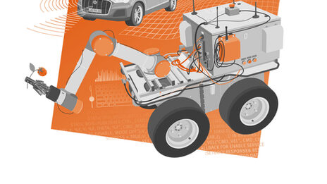 Keyvisual der Robotik-AG: Illustration eines fahrbaren Roboter mit Greifarm, eine Drohne und ein Auto. Hinterlegt auf einem organgfarben gekippten Quadrat und halbtransparente Strichgrafiken mit Code, Diagrammen und ein Ebenenraster.