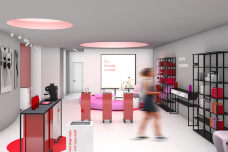 The illustration of a store. Numerous different shades of red can be seen on the walls with phrases such as "Its bloody normal" or "my body my business".