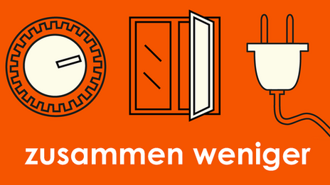 Eine Grafik die ein Heizungsventil, ein geöffnetes Fenster und einen Stecker zeigt. Darunter der Schriftzug: Zusammen weniger.