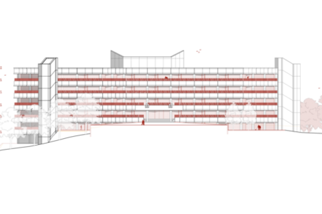 Längsschnitt des Gebäudekomplexes der inklusive Geschossaufbau und Innenräumen gezeigt wird. Im Vordergrund stehen abstrahierte Bäume, die das Gebäude landschaftlich einbetten.