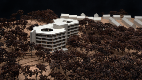 The photo shows the central model building surrounded by dense model trees, with other buildings in the background. The topography is represented by fine layers.