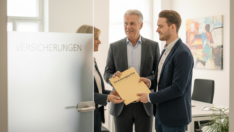 Ein älterer Versicherungsberater übergibt einer jüngeren Kollegin geordnete Unterlagen in einem hellen, realistischen Büro. Auf einem Ordnerrücken steht „Versicherungspolice“, an einer Glaswand dezent „Versicherungen“.