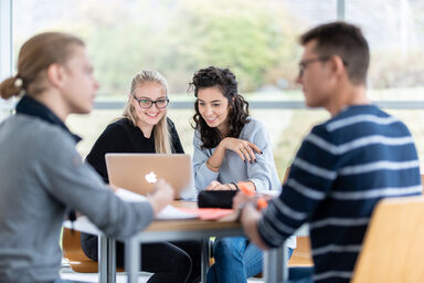 Photo of four students at a group table. The focus is on two female students sitting next to each other and looking at a laptop. Two other students are engrossed in a conversation.