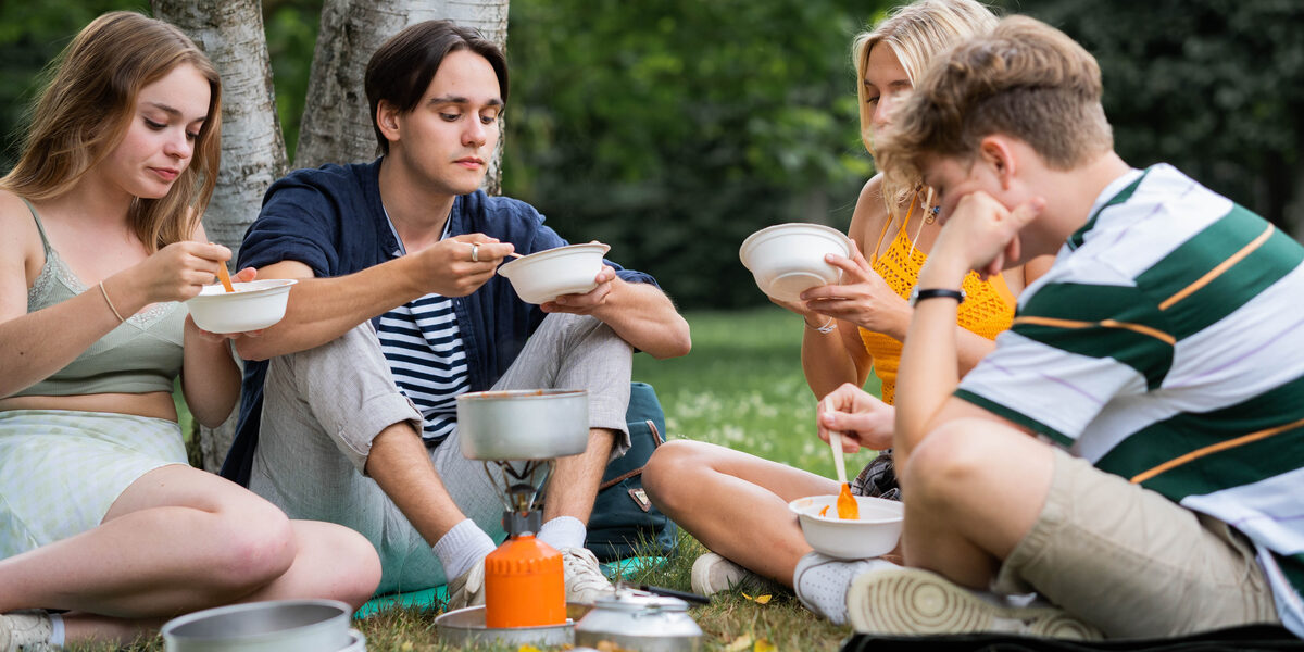 Vier Jugendliche sitzen auf einer Wiese uns essen aus Tellern.