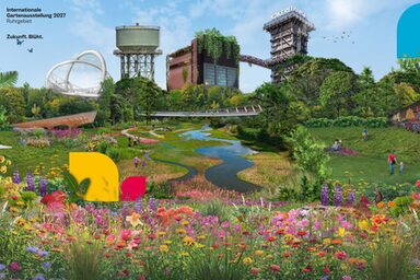 Die Illustration zeigt die Kokerei Hanse in Dortmund die von einer bunt blühenden Natur umschlossen ist.