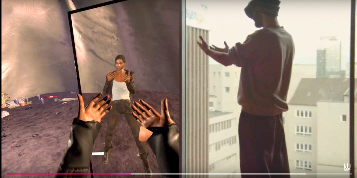 Screenshot of a YouTube video: On the left a digital scene, a black person looking at their hands in front of a mirror, on the right a real scene with a person wearing VR glasses and also looking at their hands.