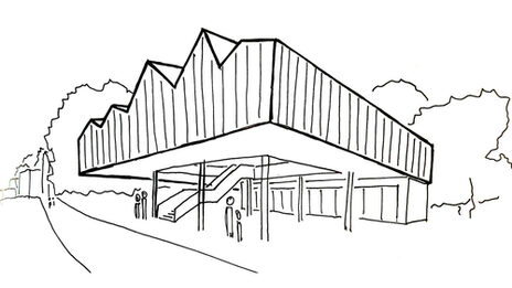 A line drawing of the design with a distinctive sawtooth roof. Under the roof are glass walls and a staircase, surrounded by several stylized people.