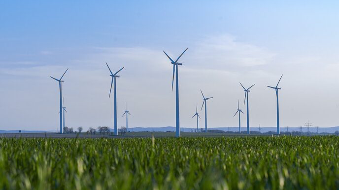 Wind turbines stand on a green field