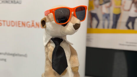 A meerkat stands as a stuffed animal on a table with information material, wearing sunglasses and a tie.