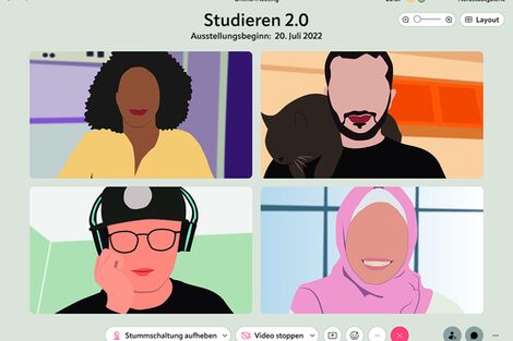 Oberfläche eines Digitalen Online-Meetings mit Beschreibung: Studieren 2.0 Ausstellungsbeginn 20. Juli 2022, darunter Illustrationen von vier Personen.