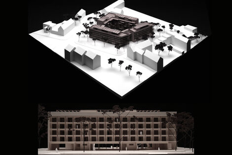 Illustration with two architectural models, the environment model is shown above, the design model is shown frontally below.