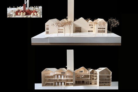 Architectural model, which is pulled apart in the middle to provide a view of the inner building structure and the covered inner courtyard.