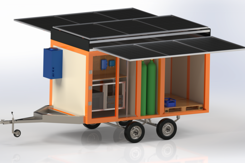 3D computer model of a trailer with solar cells on the roof.