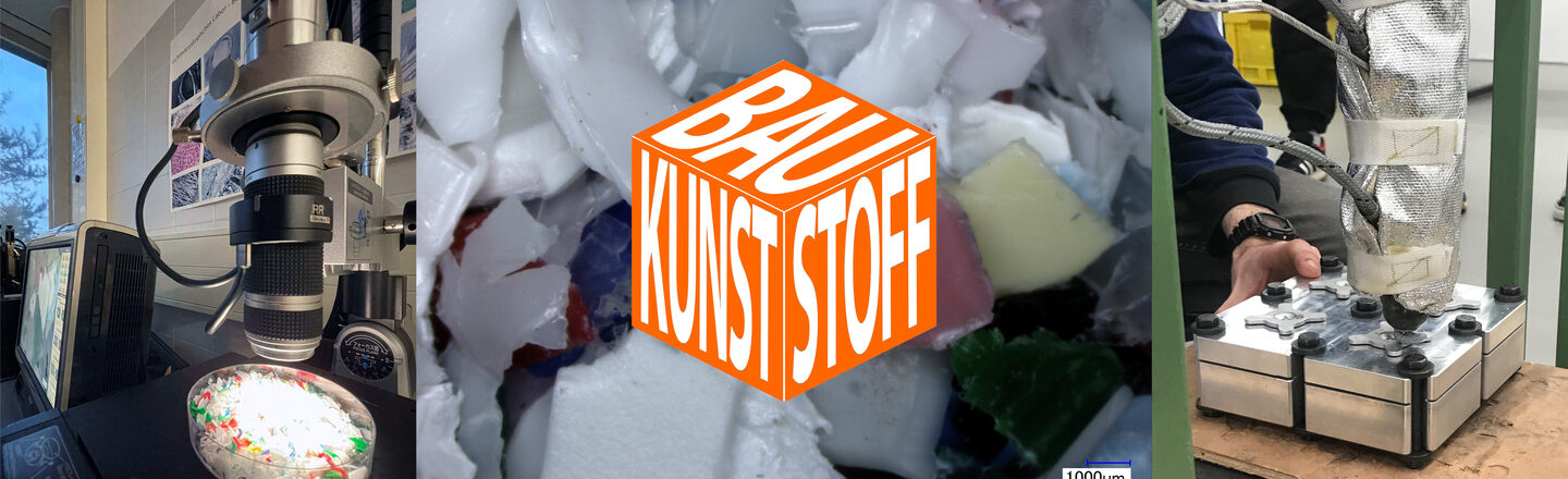 Centered project logo in the form of an orange cube. On the left is a photo of the light microscope with shredded material underneath. A microscope image of shredded material can be seen in the center behind the project logo. On the right is an injection machine for recycling plastic for injection molding.