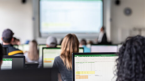 Blick von hinten in den Computerraum mit Studierenden, auf den Monitoren sind zum Teil Excel-Tabellen erkennbar.