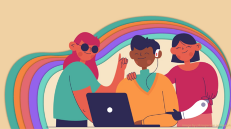 Die Illustration zeigt drei Personen, eine mit dunkler Brille, eine mit Hörgerät und eine mit Armprothese. Sie haben einen Laptop vor sich und lächeln. Um sie herum verläuft ein regenbogenähnliches Muster.